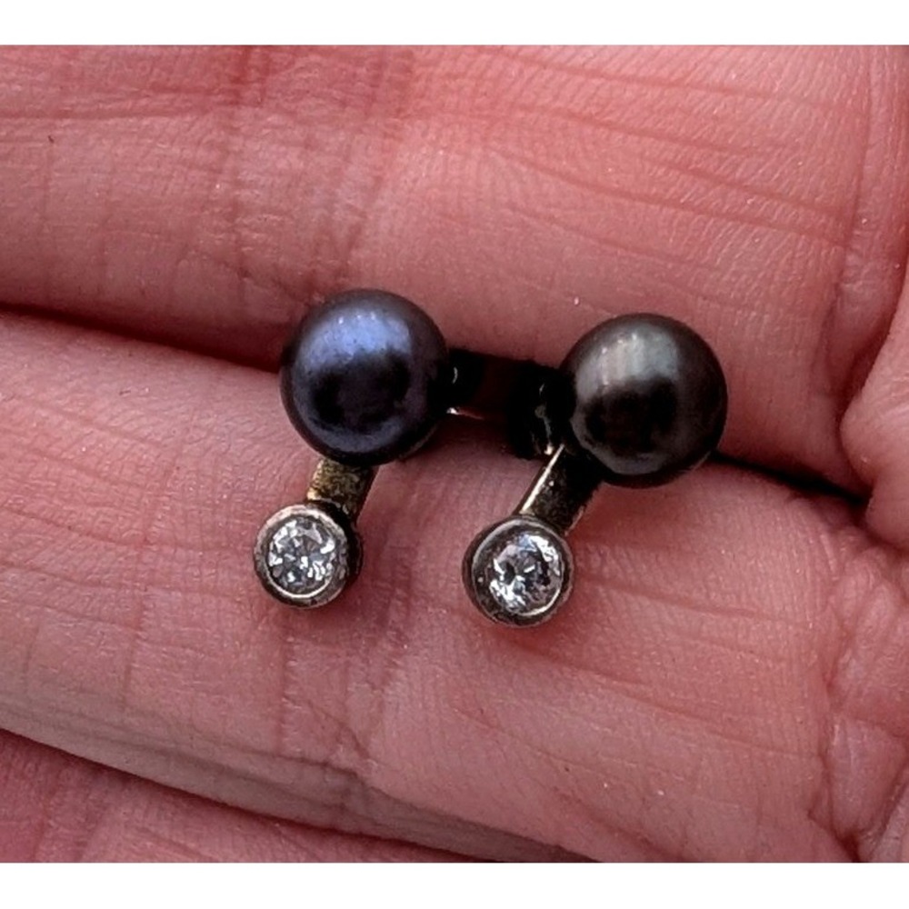 Sterling Silver 925 Dark Pearl and Cubic Zirconia Drop Stud Earrings
